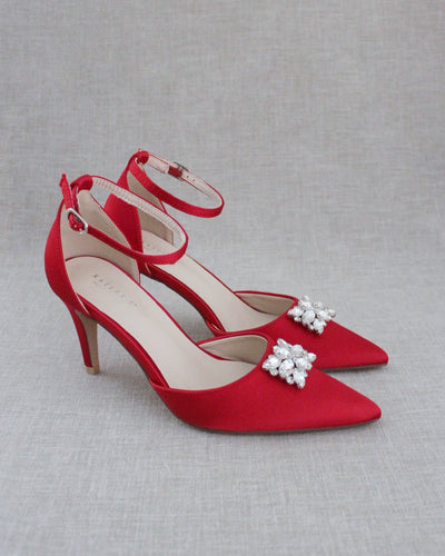 Red Evening Heels with Rectangular Brooch