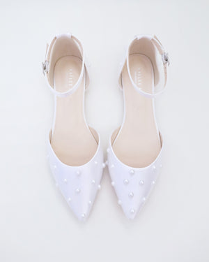 Satin Pointy Toe Flats with Scattered Pearls
