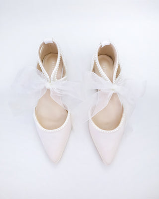 Satin Pointy Toe Flats with Mini Pearls and Chiffon Ribbon Tie