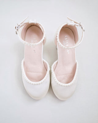 Ivory Satin Block Heels with Mini Pearls for Girls