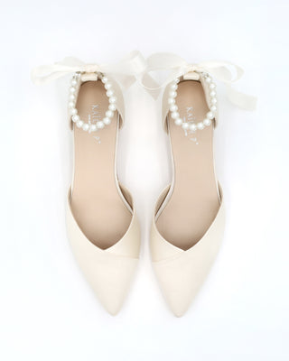 Satin Pointy Toe Low Block Heels Wedding Shoes with All Pearls Ankle Strap