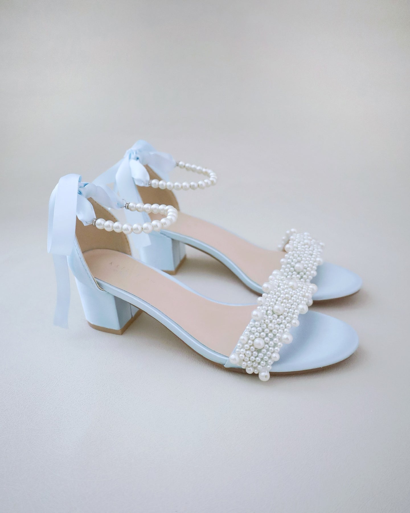 Satin Block Heel Wedding Sandals with Perla Applique Bridal Shoes