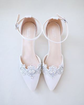 white bridal low heels with rhinestones embellishments