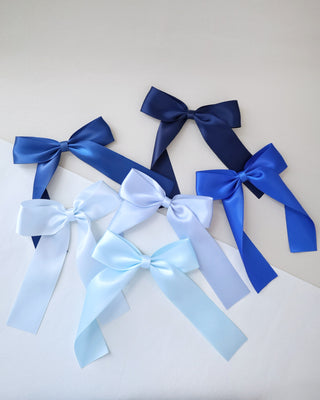 blue satin long tail bow hair clip