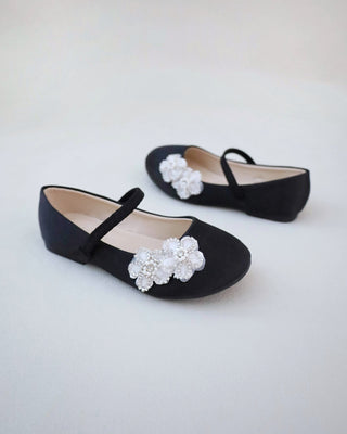 Satin Mary Jane Flats with Rhinestones Chassia Flower