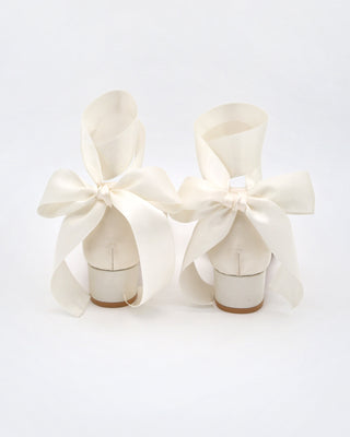Satin Pointy Toe Low Block Heels Wedding Shoes with Wrapped Ribbon Tie