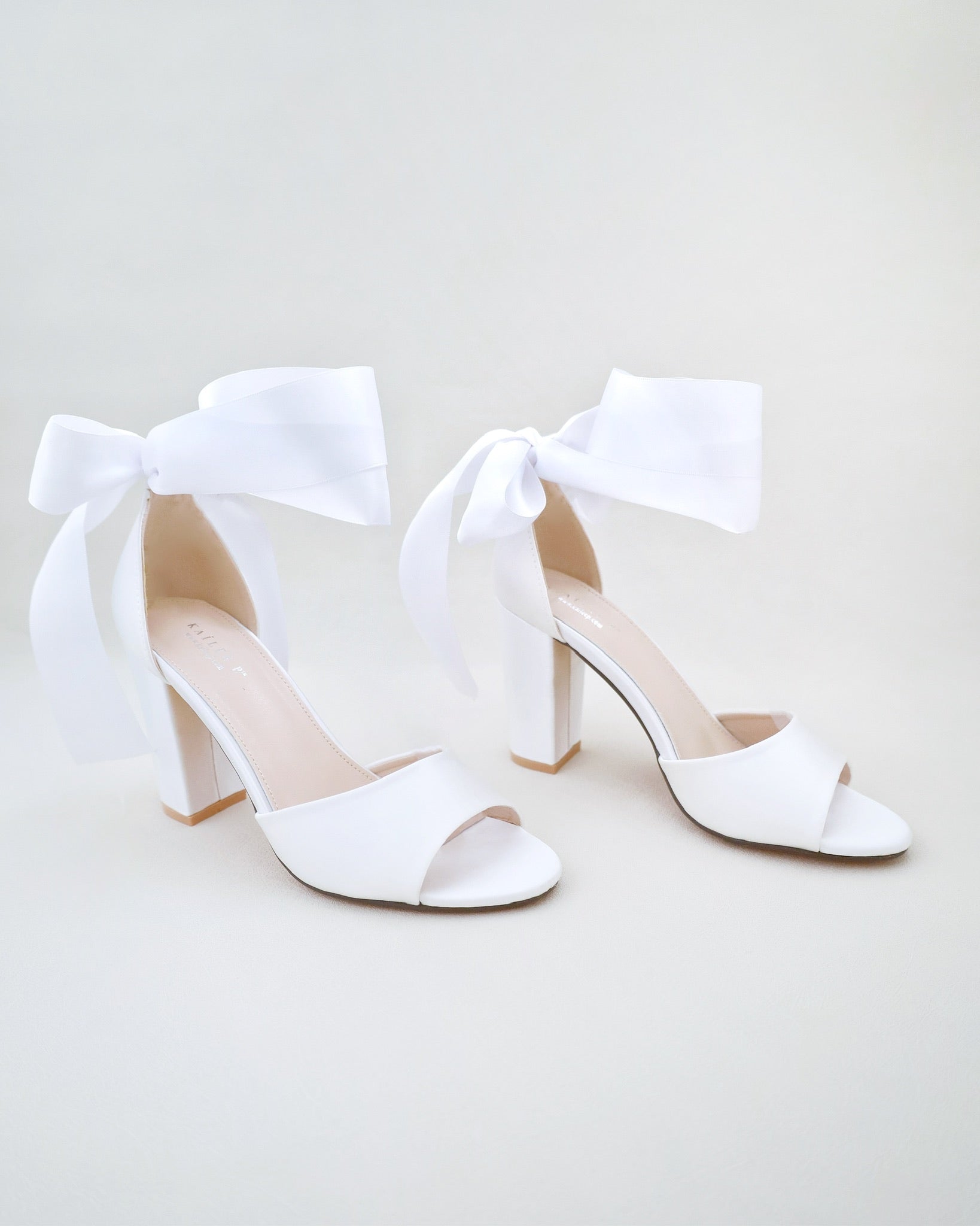 Satin Block Heel Wedding Sandals with Wrapped Ribbon Tie, Dyeable Heel