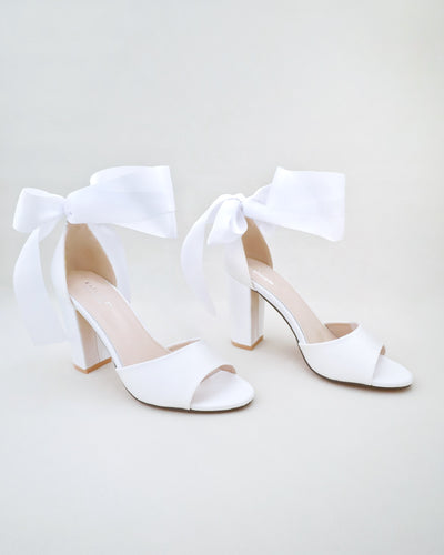 white satin block heels wedding sandals with wrapped ribbon tie
