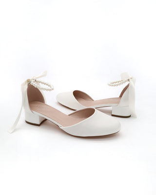 Round Toe Satin Block Heel with All Pearls Ankle Strap