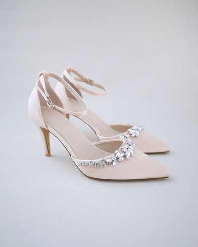 champagne satin pointy toe wedding heels with rhinestones