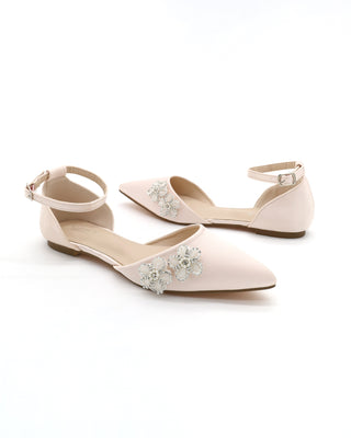 Satin Pointy Toe Evening Flats with Rhinestones Chassia Flower