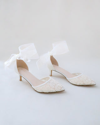 Crochet Lace Pointy Toe Wedding Low Heels with Wrapped Ankle Tie