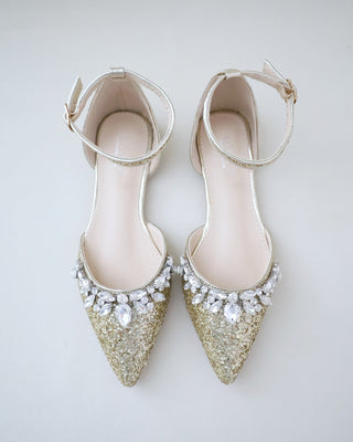 Pointy Toe Glitter Ankle Strap Flats with Teardrop RhinestonesWomen Shoes