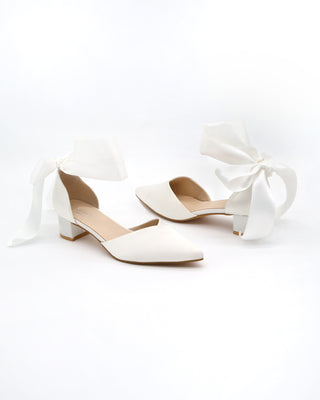 Satin Pointy Toe Low Block Heels Wedding Shoes with Wrapped Ribbon Tie