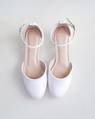 Round Toe Satin Block Heel with Mini Pearls