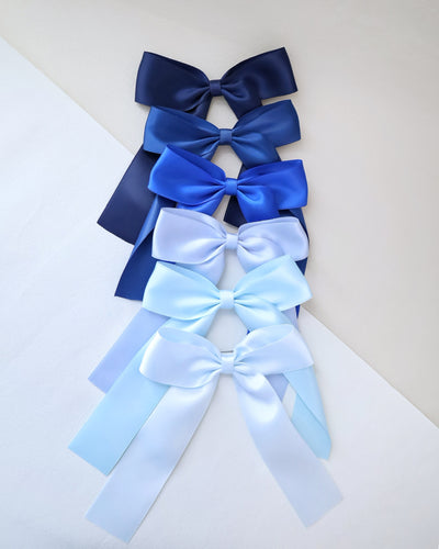 blue satin long tail bow hair clip