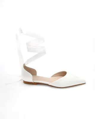 Satin Pointy Toe Bridal Flats with Ribbon Tie or Pearls StrapWomen Shoes