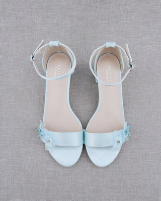 Satin Block Heel Wedding Sandals with Flower Appliques