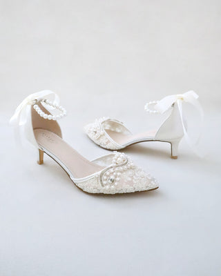 ivory crochet lace wedding low heel with pearls