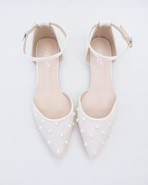 Satin Pointy Toe Flats with Scattered Pearls