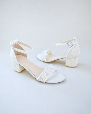Ivory Crochet Lace Block Heel Wedding Sandals with Mini Pearls