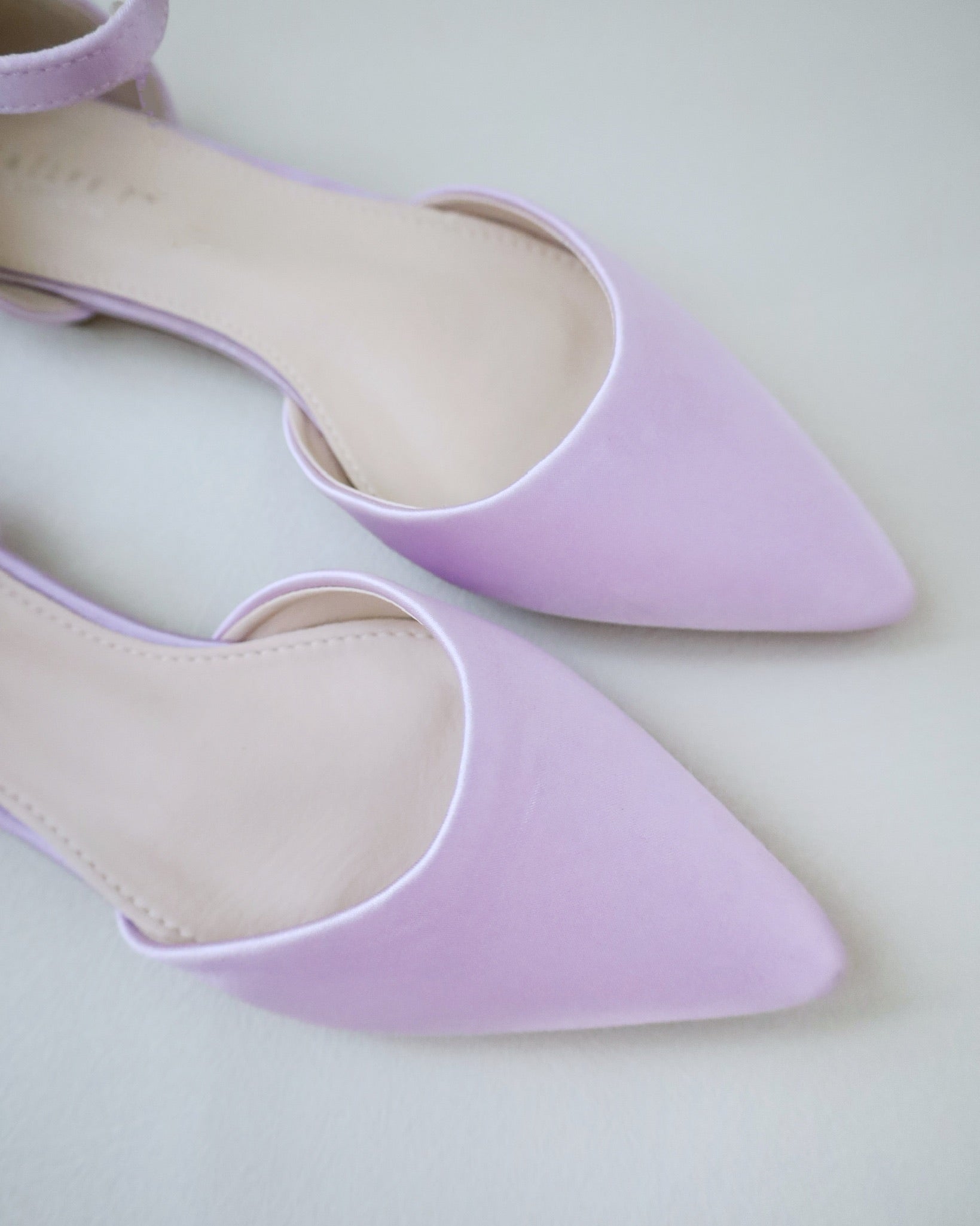 Lavender Satin Pointy Toe Flats with Ankle Strap, Bridesmaids Shoes