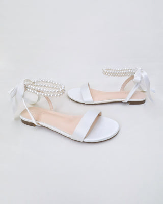 White Satin Wedding Flat Sandal with Double Pearls Strap