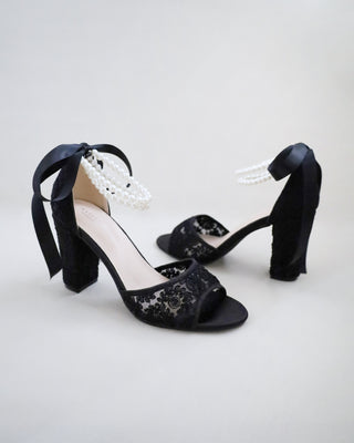 black crochet lace block heels bridal sandals with double pearls ankle strap