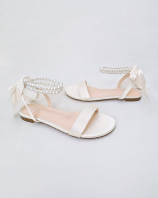 Ivory Satin Wedding Flat Sandal with Double Pearls Strap