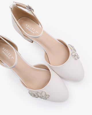 White Round Toe Satin Low Block Heel with Rhinestones Chassia Flower