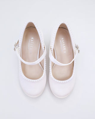 Girls Satin Mary Jane Block Heel with Mini Pearls