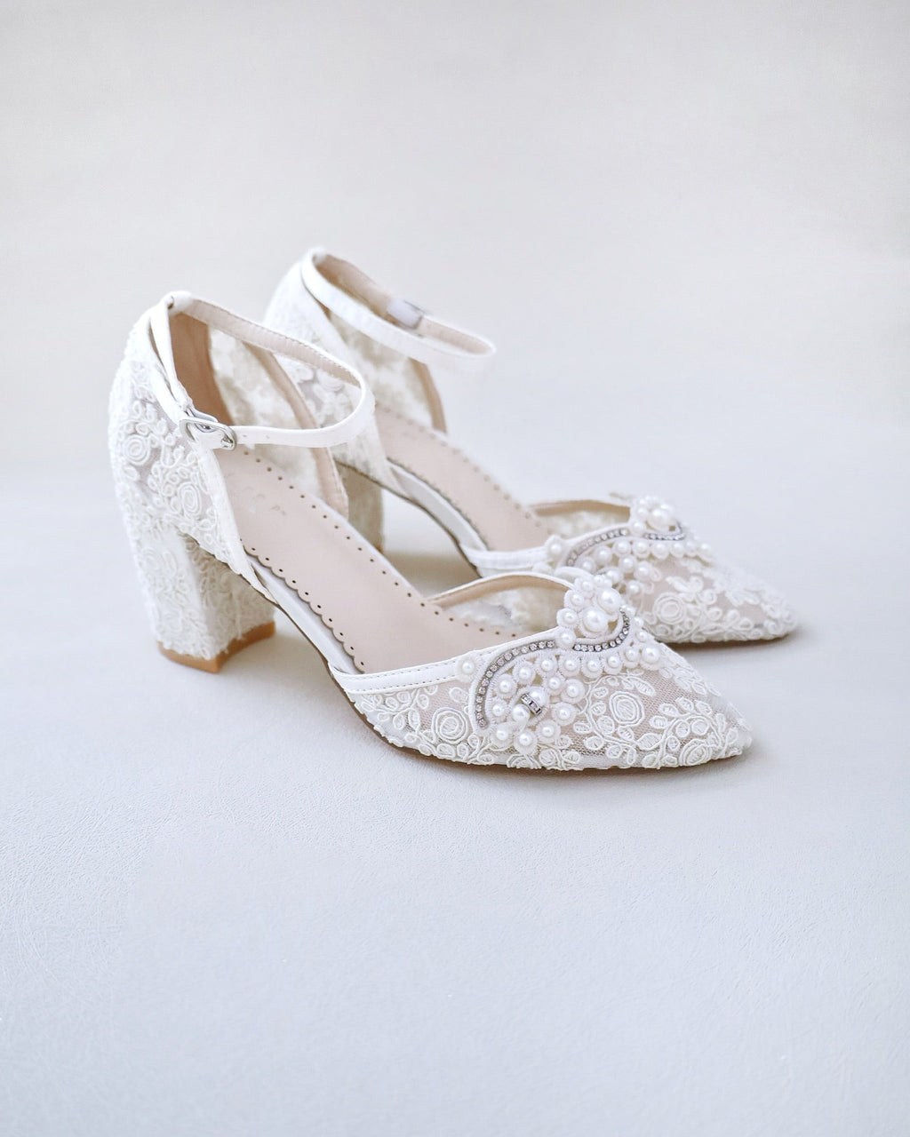 Ivory Lace Block Heel Pearl Ankle Wrap For Brides, Bridal Shoes