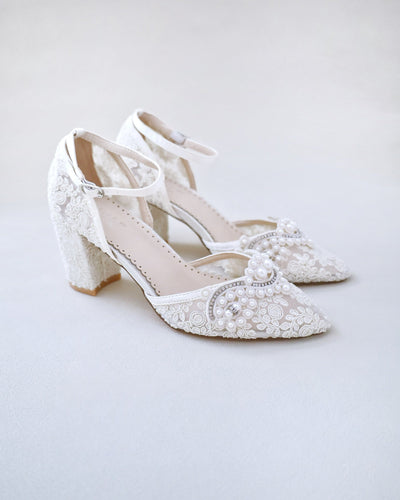 ivory crochet wedding block heels with pearl applique
