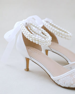white crochet lace low heels with pearls ankle strap