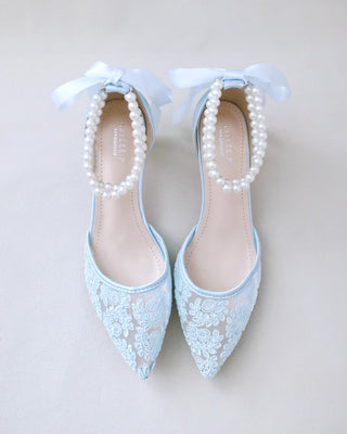 light blue crochet lace low heels with double pearls ankle strap