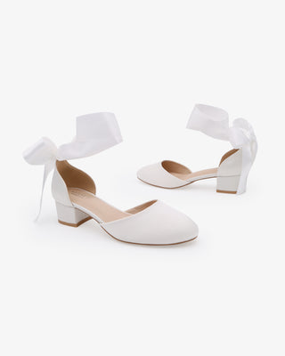 White Round Toe Satin Low Block Heel with Wrapped Ribbon Tie