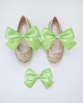 Gold Rock Glitter Mary Jane with Apple Green Satin Bow