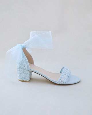 Crochet Lace Block Heel Wedding Sandals with Wrapped Ankle TieWomen Shoes
