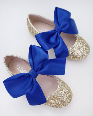 Gold Rock Glitter Mary Jane with Red or Royal Blue Satin BowKids Shoes