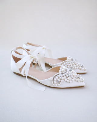 Satin Pointy Toe Flats with Oversized Pearls Applique