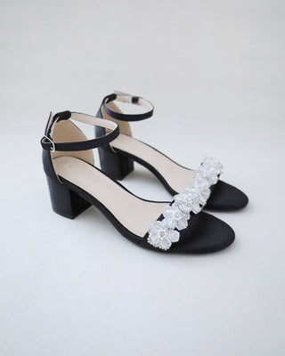 Satin Evening Block Heel Sandals with Rhinestones Chassia Flower