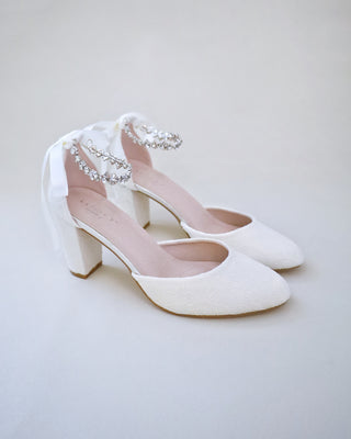 ivory lace wedding block heels with rhinestones strap