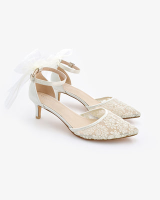 Crochet Lace Pointy Toe Wedding Low Heels with Tulle Back Bow