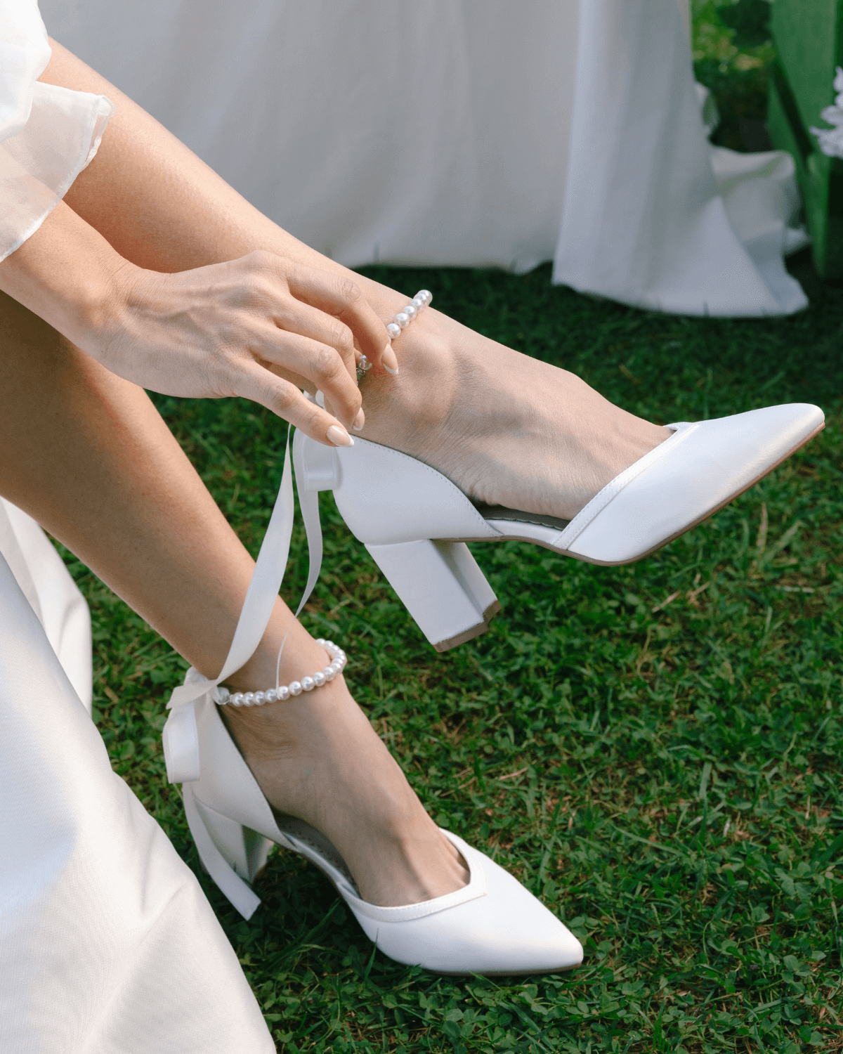 Satin Almond Toe Block Heel with Pearls Ankle Strap
