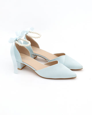 Satin Pointy Toe Low Block Heels Wedding Shoes with All Pearls Ankle Strap