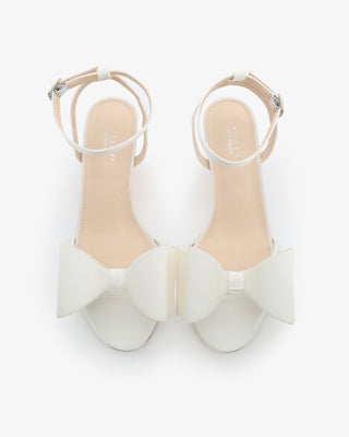 White Satin Ankle Strap Low Kitten Heel Sandals with Bow Wedding Shoes