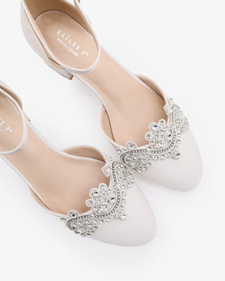 White Round Toe Satin Low Block Heel with Small Rhinestones Applique