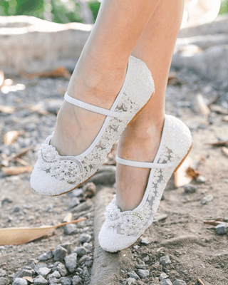 Crochet Lace Mary Jane Flats with Small Pearls Applique