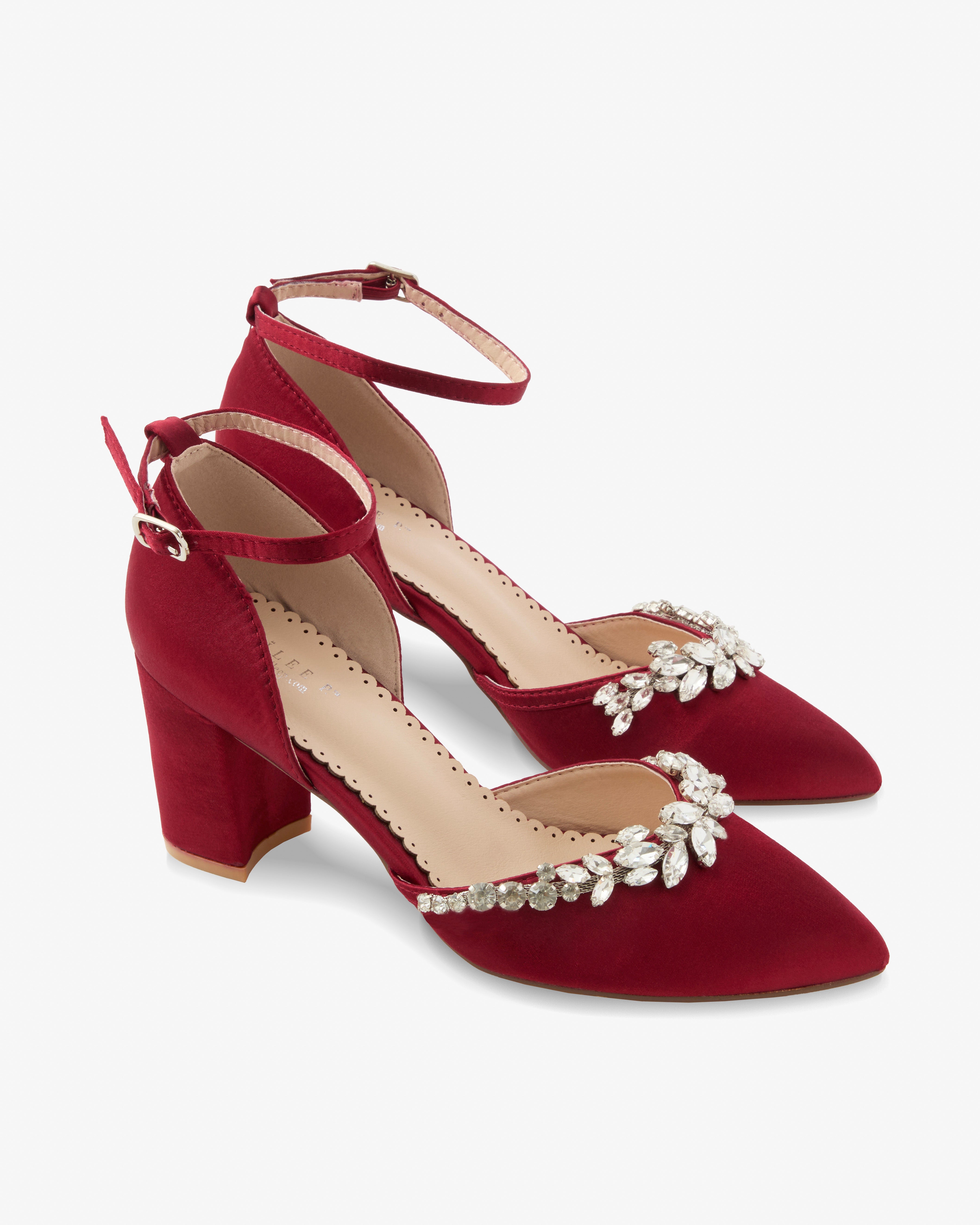 Wedding Shoes Satin Burgundy Heels Ankle Strap Burgundy Low Heel