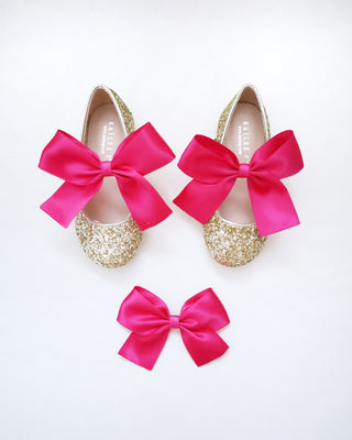 Gold Rock Glitter Mary Jane Flats with Fuchsia Satin Bow